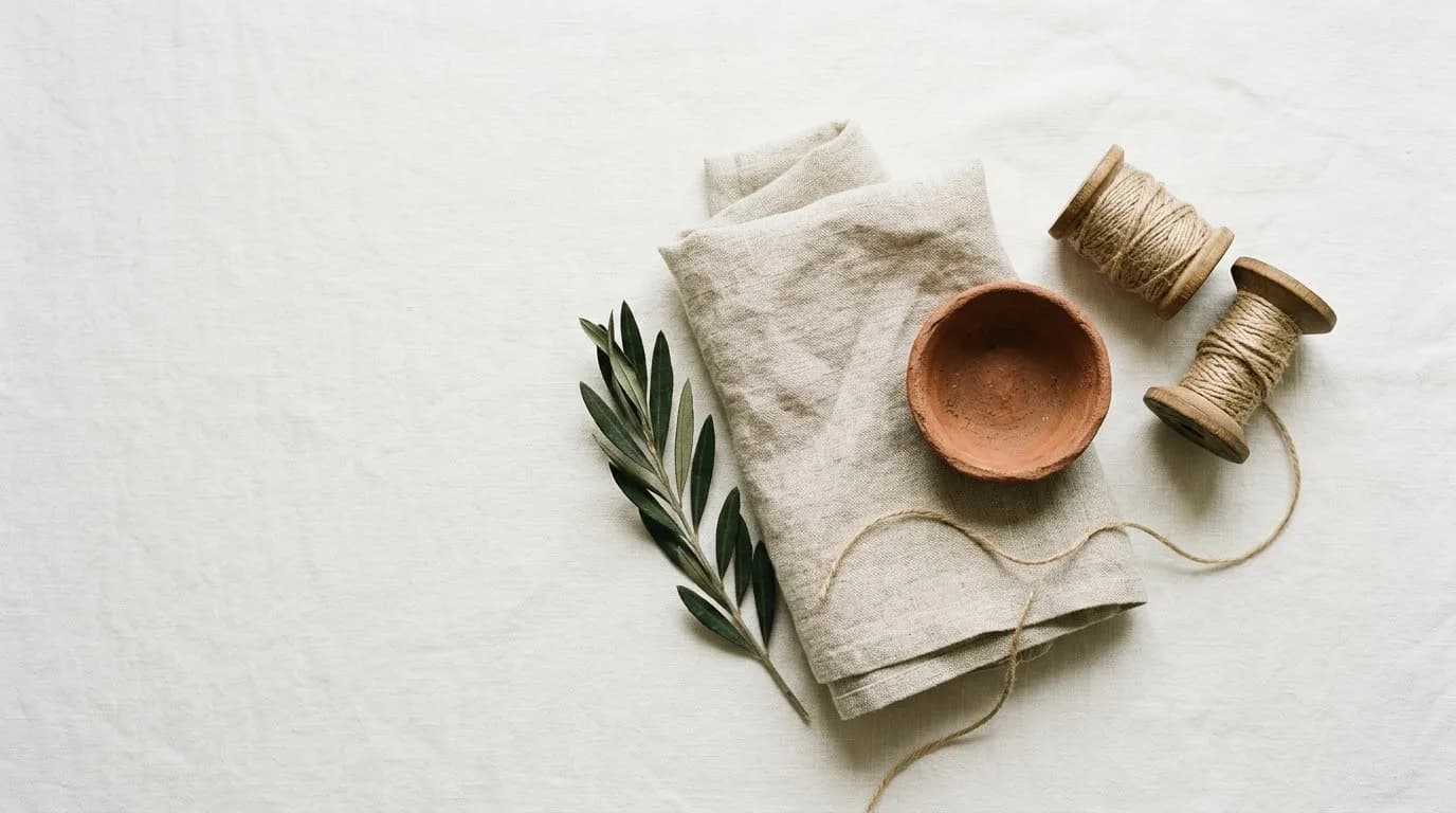 Folded undyed linen, a terracotta bowl, wooden spools of twine and an olive sprig arranged on an off-white cloth